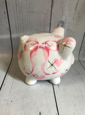 Piggy Bank -  Soft Ribbon Hearts W/ Gold Bursts | Piggy Banks