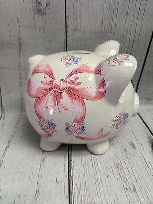 Piggy Bank - Pink ribbon. W pk& lilac roses | Piggy Banks