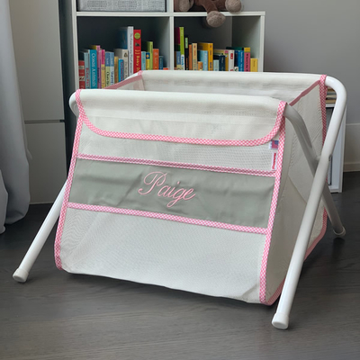 Mesh Toy Box - Gray w/ Pink Gingham Trim | Mesh Toy Boxes